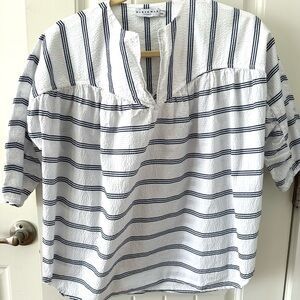 Harshman Seersucker Striped White and Blue Shirt Blouse nautical Preppy XS lux